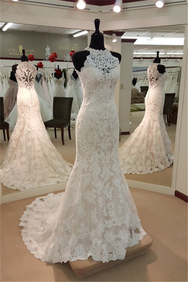 Sleeveless Buttons Court-Train Elegant Sexy Mermaid Lace Wedding Dresses UK