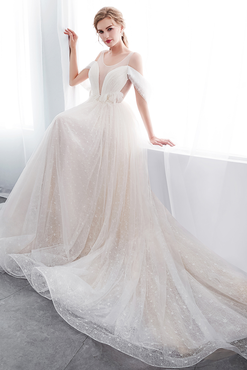 NANCY | A-line Sleeveless Floor Length Lace Ivory Wedding Dresses UK