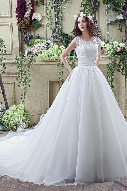 Elegant Illusion Lace Beadss Wedding Dress Cap Sleeve Zipper