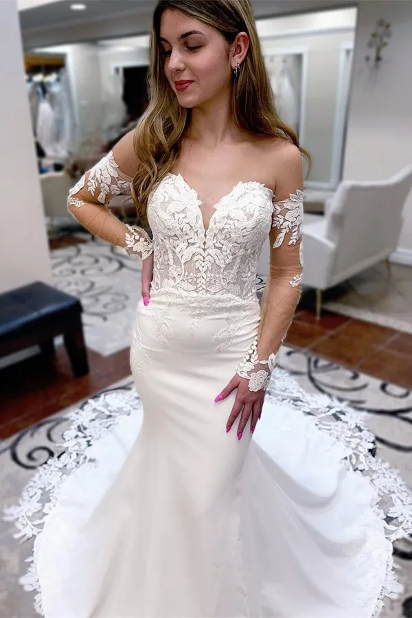 Off Shoulder Long Sleeves Mermaid Wedding Dress Sweetheart Floral Lace Bridal Gown