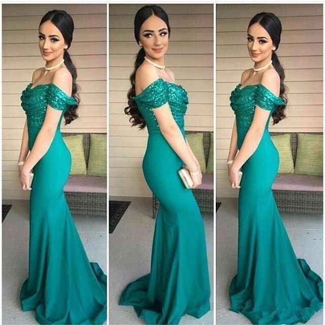 Dark-Green Sequins-Top Off-the-Shoulder Mermaid Evening Gowns BA3962
