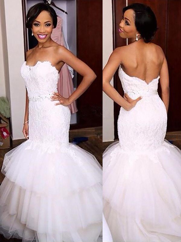 Sleeveless Tulle Sexy Mermaid Court Train Sweetheart Lace Wedding Dresses UK