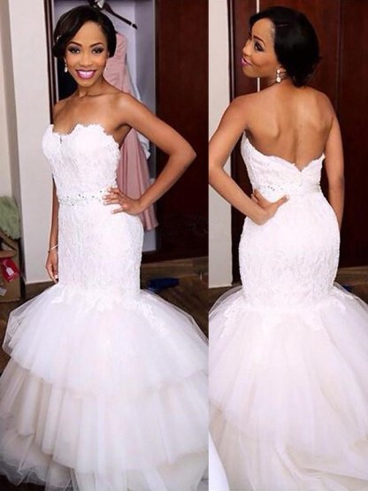 Sleeveless Tulle Sexy Mermaid Court Train Sweetheart Lace Wedding Dresses UK