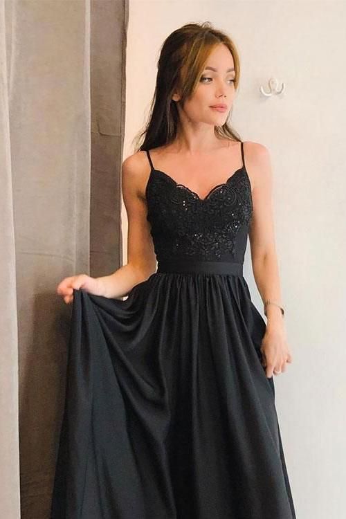 Black Lace Appliques Spaghetti-Strap Prom Dress UKes UK Side slit Sleeveless Evening Dress UKes UK