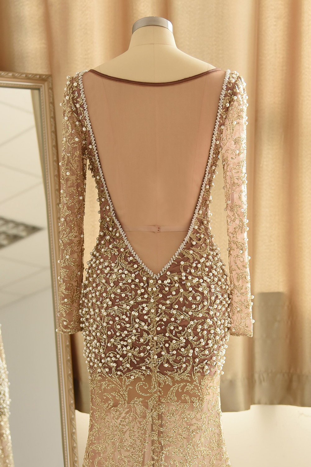 Glamorous Mermaid Long Sleeves Long Prom Dress with Pearls