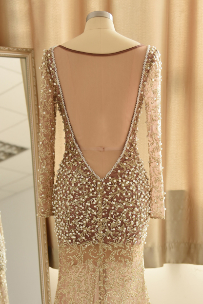 Glamorous Mermaid Long Sleeves Long Prom Dress with Pearls