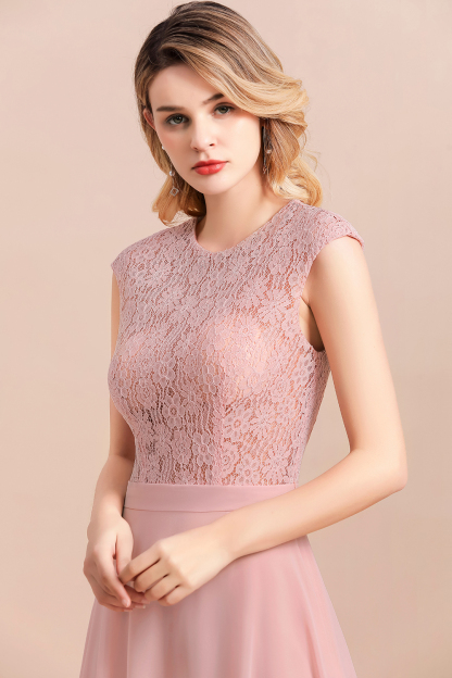 Elegant Scoop Neck Dusty Pink Lace Chiffon Bridesmaid Dress
