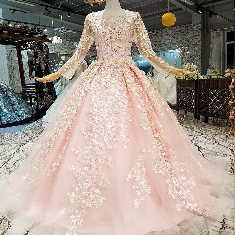 Organza Round Neck Long Sleeves Applique A-Line Court Train Prom Dress UK UK