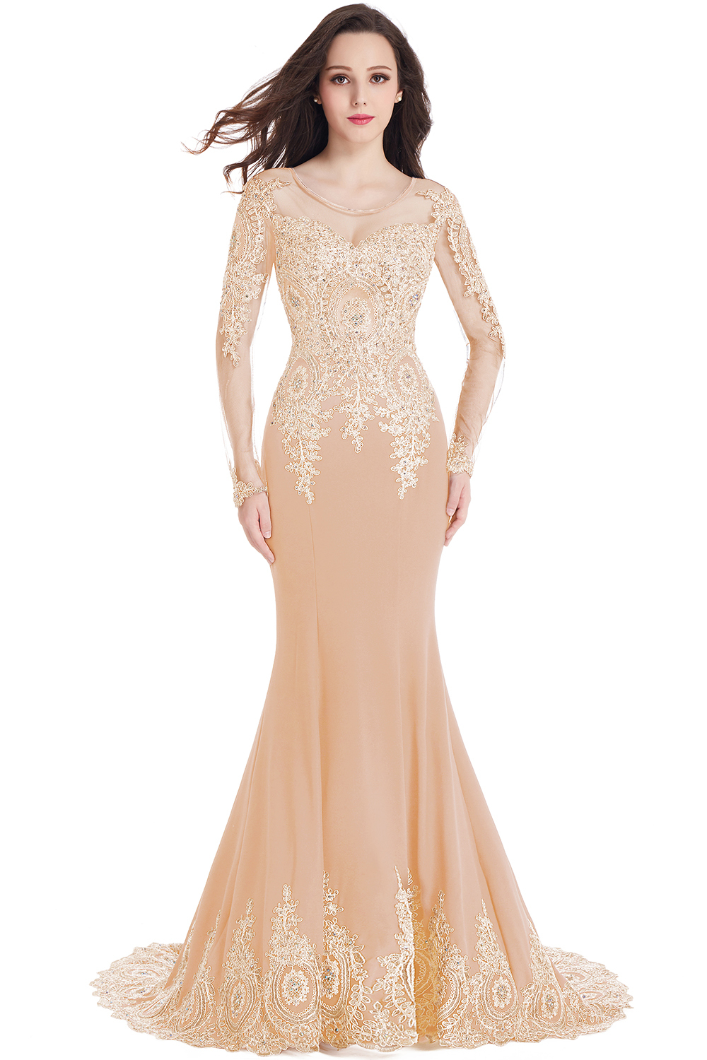 Crystal | Sexy Mermaid Lace Appliques Long Sleeves Prom Dresses with Beadings