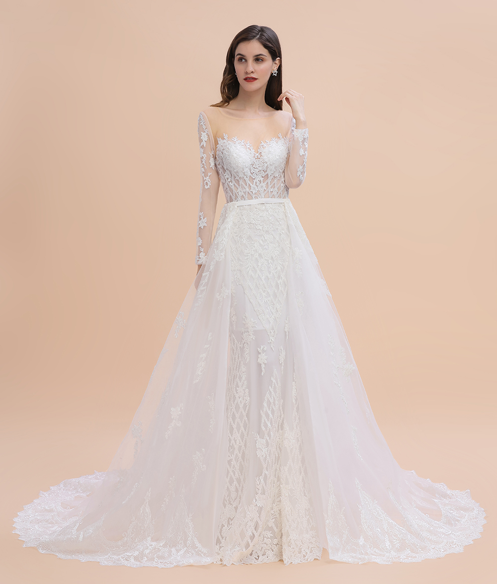 Luxury Beaded Lace Mermaid Wedding Dresses Tulle Appliques with Detachable Train