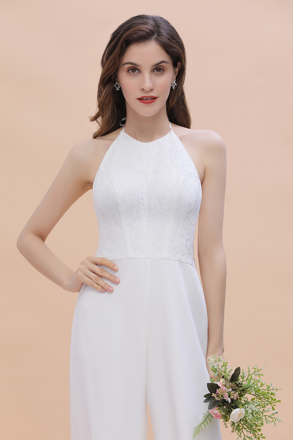 Halter Lace Long Bridesmaid Jumpsuit Side Slit Backless