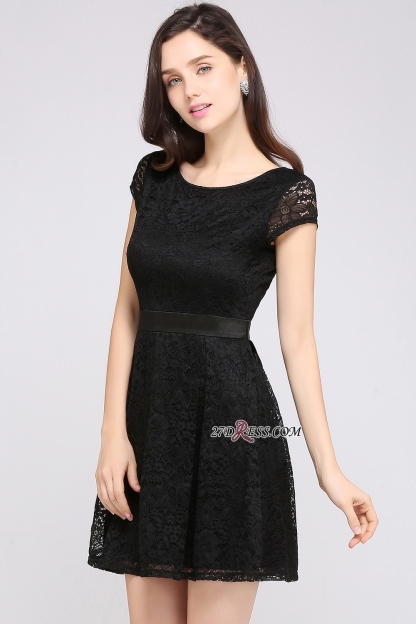Cap-Sleeves Short Sash Simple Jewel Black Lace Homecoming Dress UK