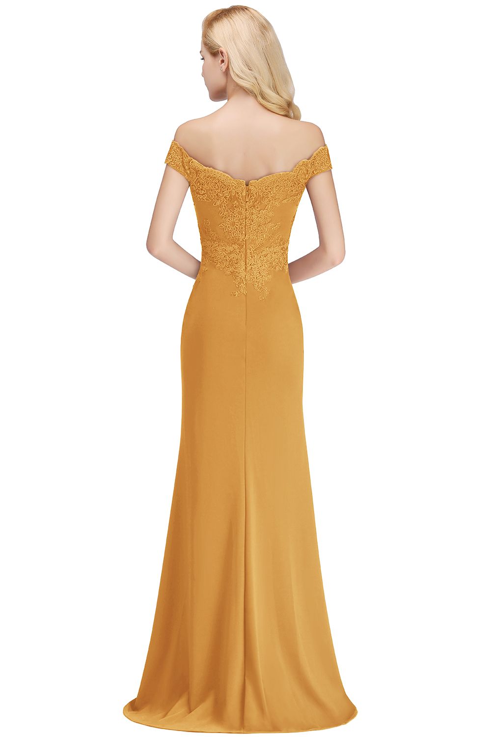 Beautiful Off-the-Shoulder Mermaid Evening Gown with Gold Appliques