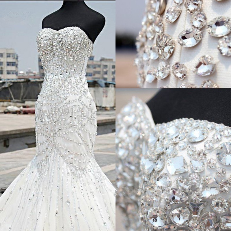 Gorgeous Crystals Sexy Mermaid Tulle Wedding Dress Sweetheart Sleeveless