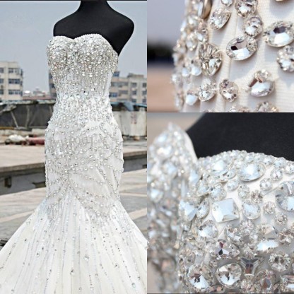 Gorgeous Crystals Sexy Mermaid Tulle Wedding Dress Sweetheart Sleeveless