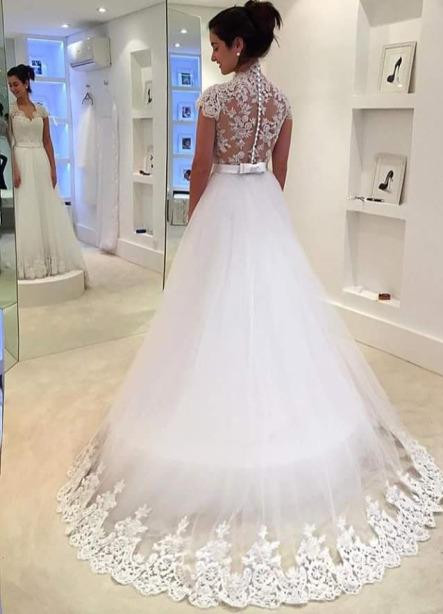 Dreamy Cap Sleeve Lace Wedding Dress Zipper Button Back Bridal Gowns