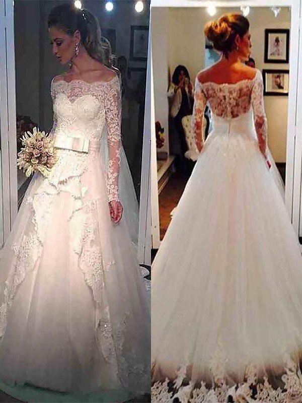 Long Sleeves Sweep Train Ball Gown Off-the-Shoulder Tulle Wedding Dresses UK