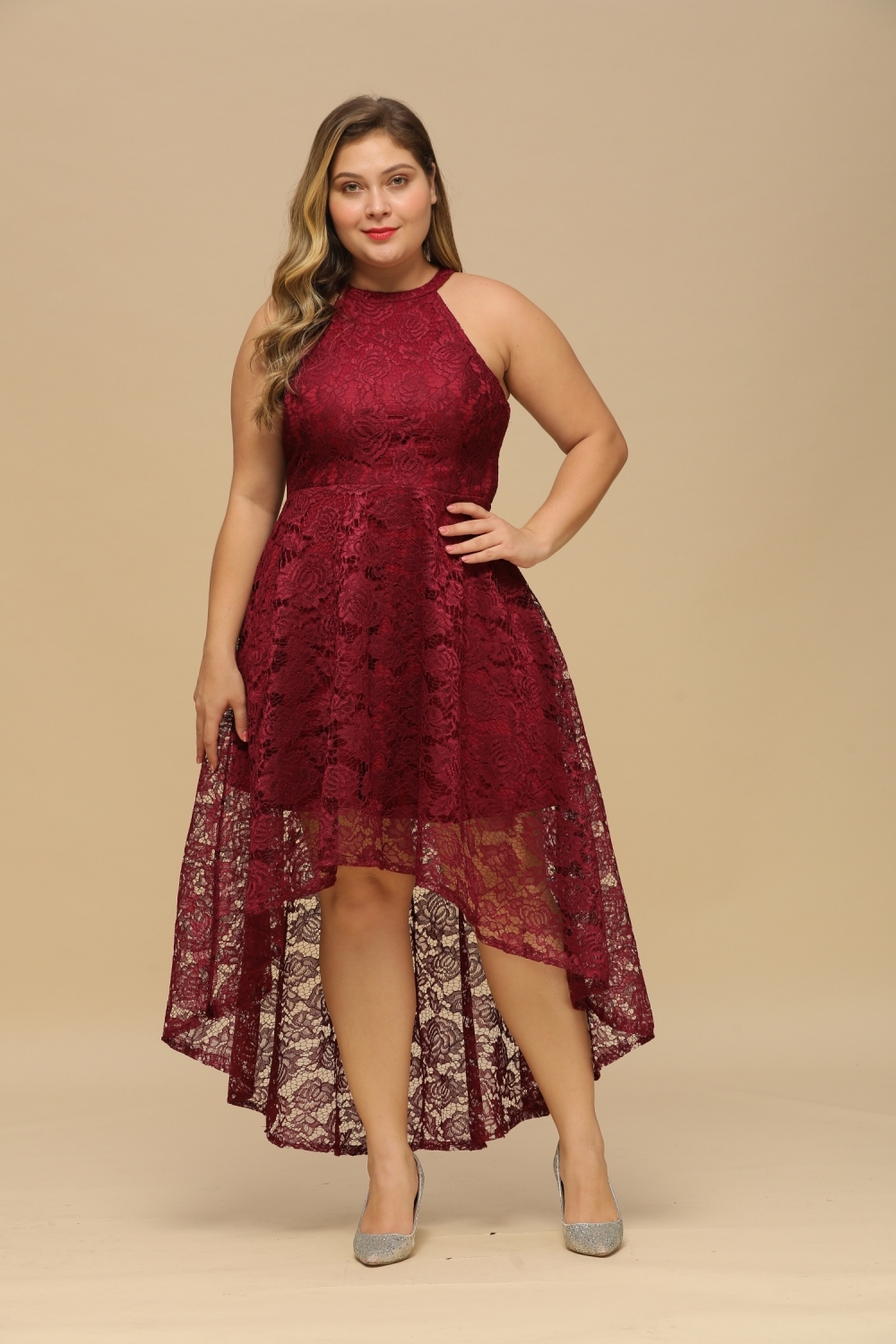 Halter Hi-Lo Party Dress Floral Lace Formal Wear Dress