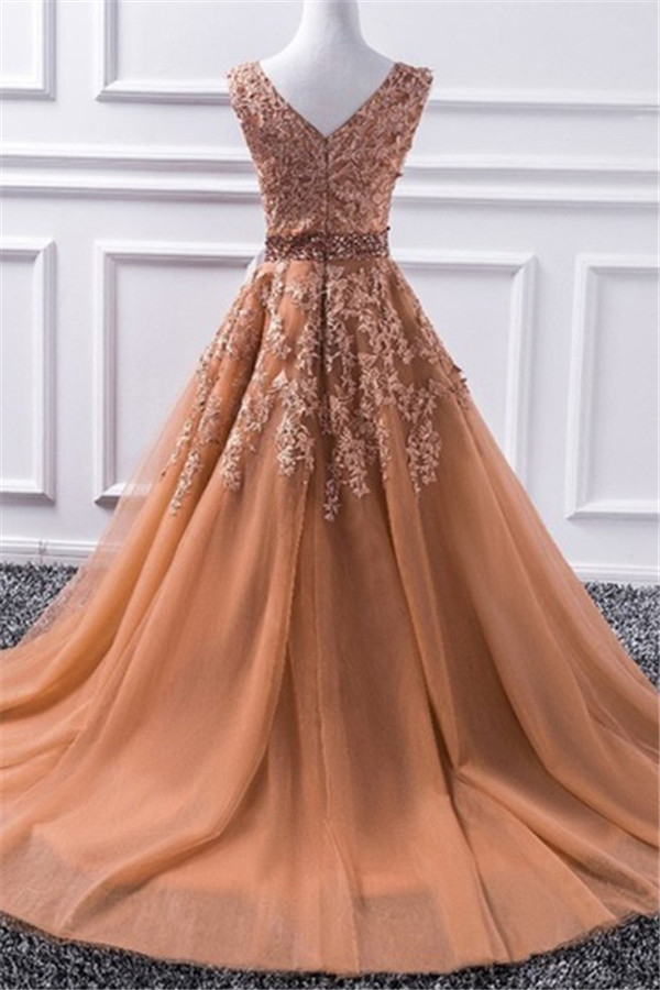 Sexy Elegant V-Neck Applique Crystal Prom Dress UKes UK Sleeveless Tulle Elegant Evening Dress UKes UK Sexy