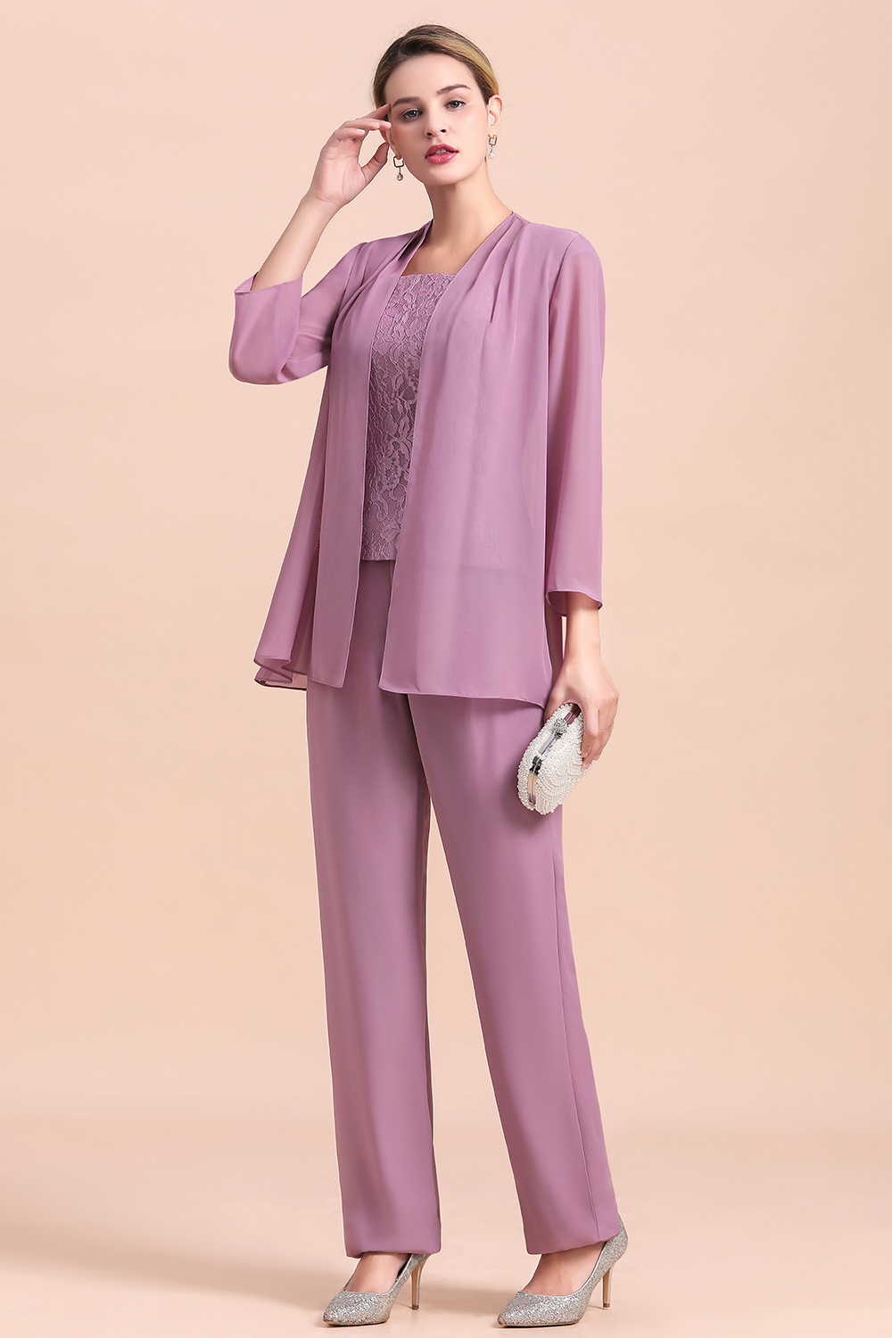 Cap-Sleeves Lace Chiffon 3 Piece Mother of Bride Jumpsuit with Wrap