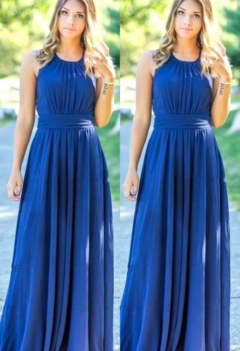 Ocean Blue Halter Chiffon Affordable Bridesmaid Dress UKes UK | A-line Backless Long Bridesmaid Dress UKes UK