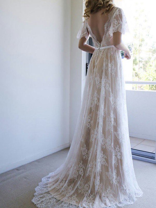 V-neck A-Line Lace Sweep Train Ribbon Short Sleeves Wedding Dresses UK