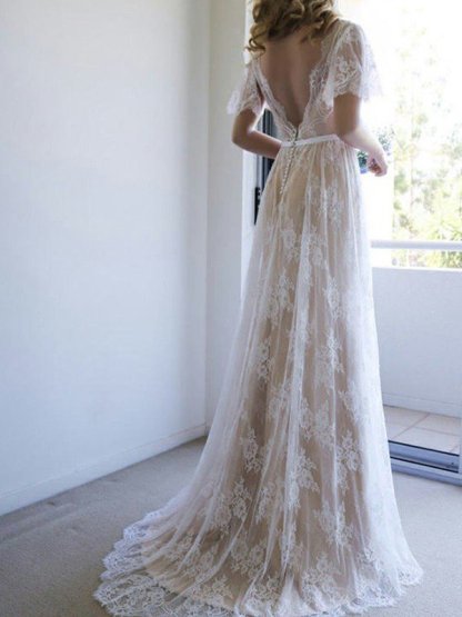 V-neck A-Line Lace Sweep Train Ribbon Short Sleeves Wedding Dresses UK