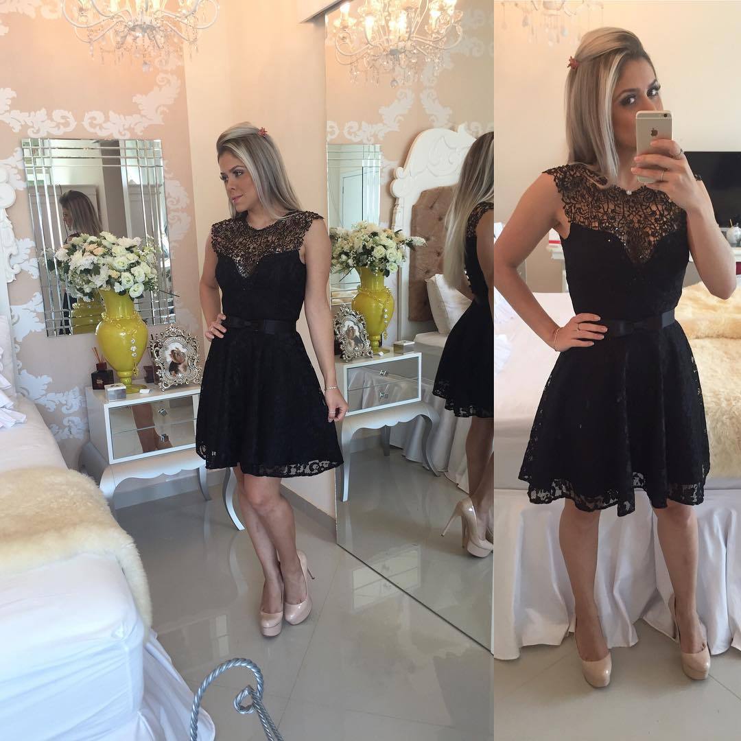 Elegant Black Short Lace Cocktail Dress UK Illusion Sleeveless Sash BA4283