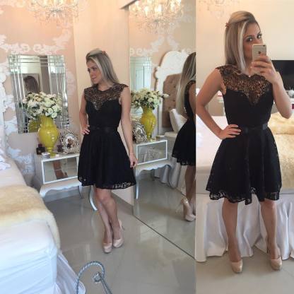 Elegant Black Short Lace Cocktail Dress UK Illusion Sleeveless Sash BA4283
