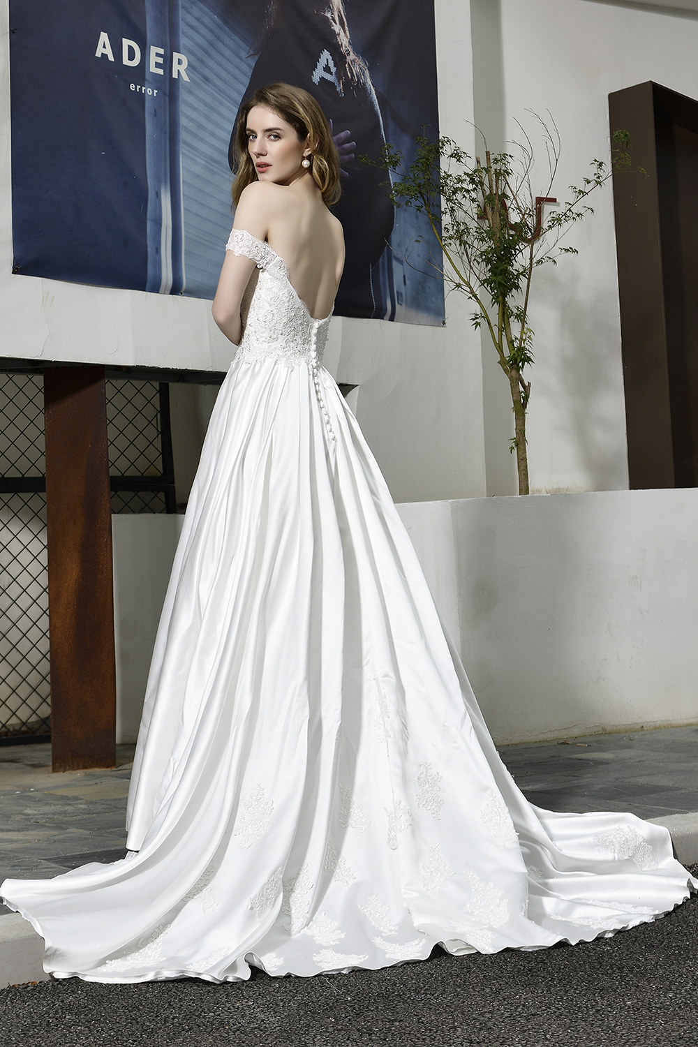 Off-the-Shoulder Satin Wedding Dress Aline Floral Lace Bridal Gown