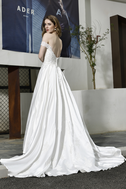 Off-the-Shoulder Satin Wedding Dress Aline Floral Lace Bridal Gown