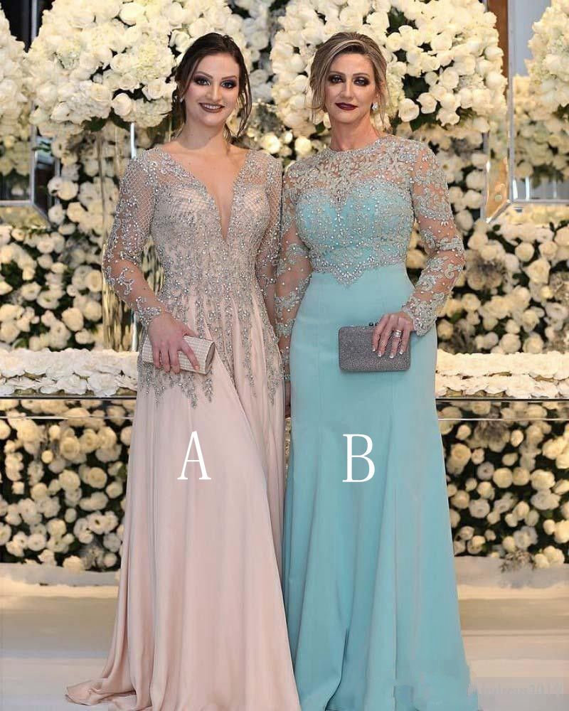 Long Sleeve Lace Beadings Mother of Bride Dress Front Split Long Prom Dress