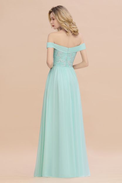Off-the-Shoulder Mint Green Embroidery Chiffon Long Bridesmaid Dress