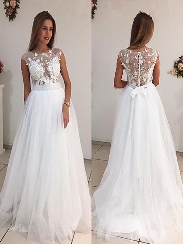 Tulle Sleeveless A-Line Sweep Train Scoop Neckline Wedding Dresses UK