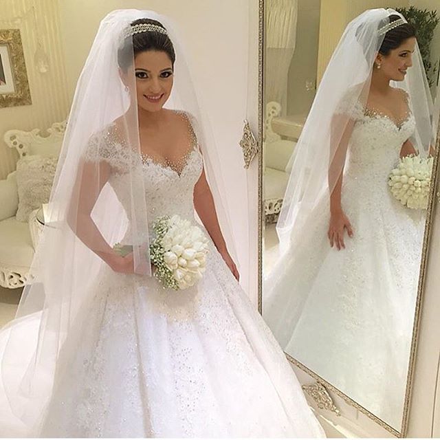 Newest V-neck Tulle Lace Appliques Wedding Dress Ball Gown Beadss Court Train BA2915-27Dress.co.uk