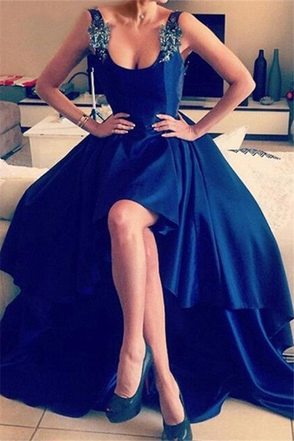 Royal Blue 3-D Flower Crystal Prom Dress UKes UK Hi-lo Open Back Elegant Evening Dress UKes UK with Beads