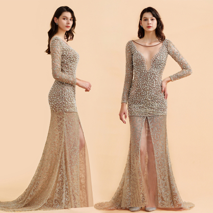 Glamorous Mermaid Long Sleeves Long Prom Dress with Pearls