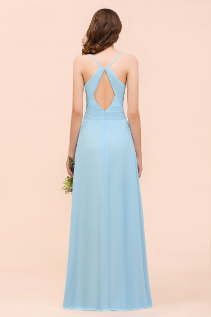 Sky Blue Spaghetti Straps Ruffle Chiffon Bridesmaid Dress Simple Sleeveless Wedding Party Dress