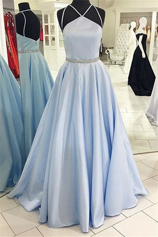 Sexy Halter Beads Prom Dress UKes UK Sexy Open Back Evening Dress UKes UK with Sash