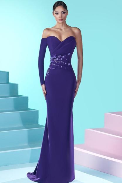Sweetheart One Shoulder Purple Mermaid Bodycon Prom Dresses with Lace Appliques-27Dress.co.uk