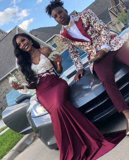 Burgundy Maroon Spaghetti Straps Applique Elegant Mermaid Sleeveless Prom Dress UKes UK UK