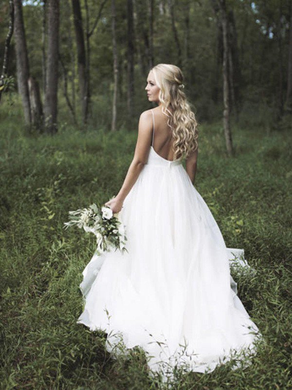 Spaghetti Straps Lace Organza A-Line V-Neck Sleeveless Court Train Wedding Dresses UK