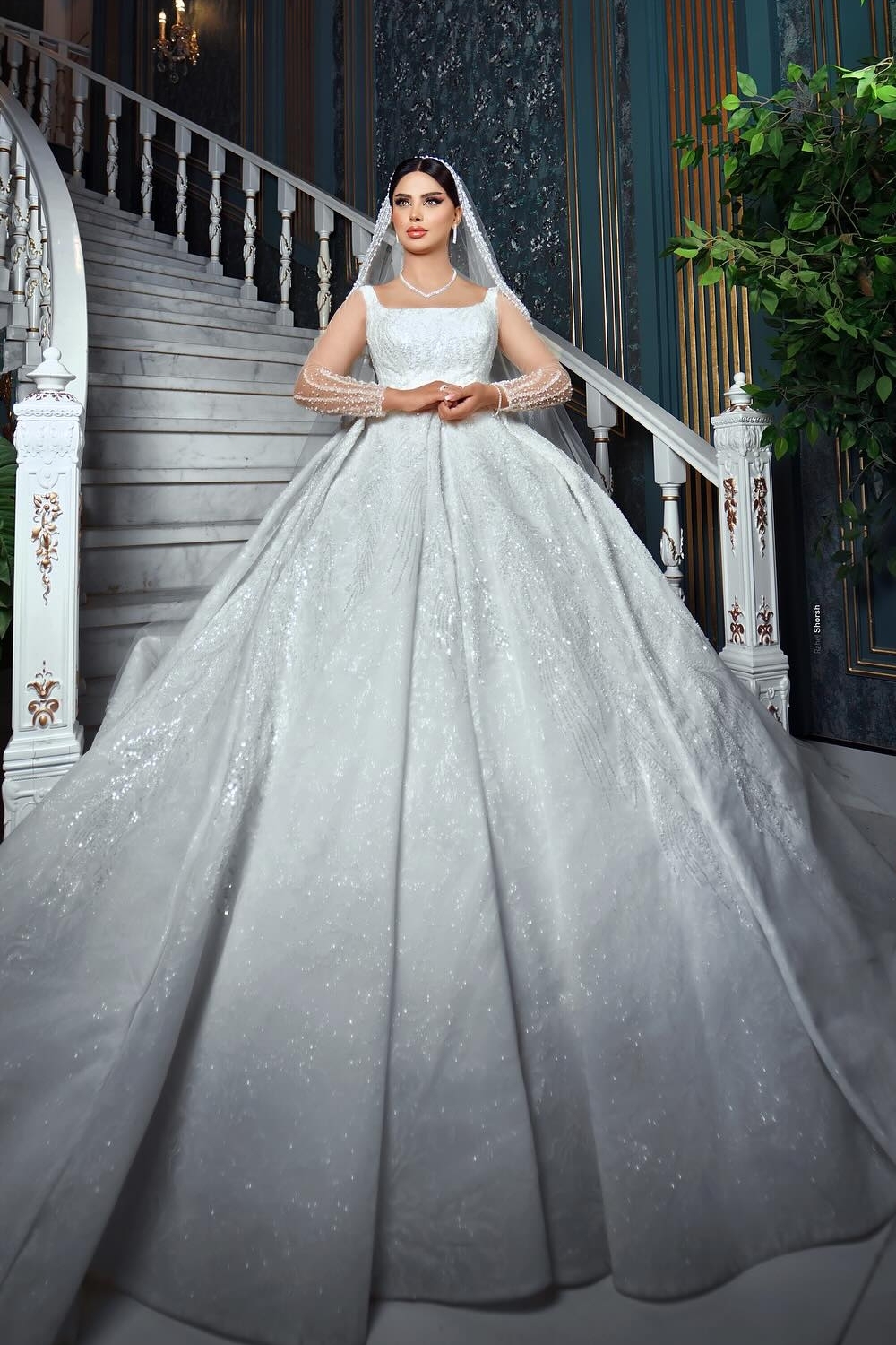 White Square Neckline Lace Sequins Princess Wedding Dresses with Train
