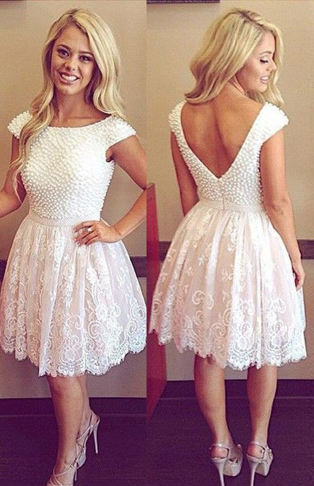 Lovely Cap Sleeve Lace Beadings Homecoming Dress UK Short BA4203