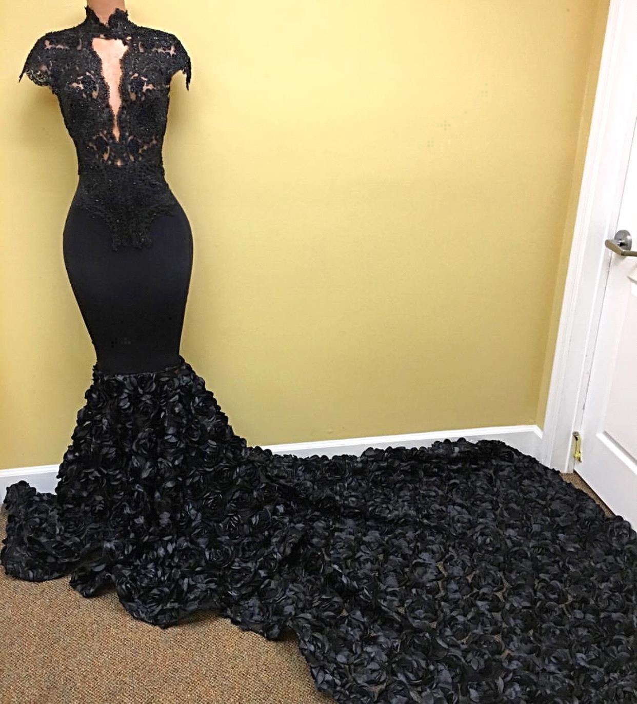 Amazing Black Cap Sleeve Prom Dress UK Lace Flowers Bottom Long Train