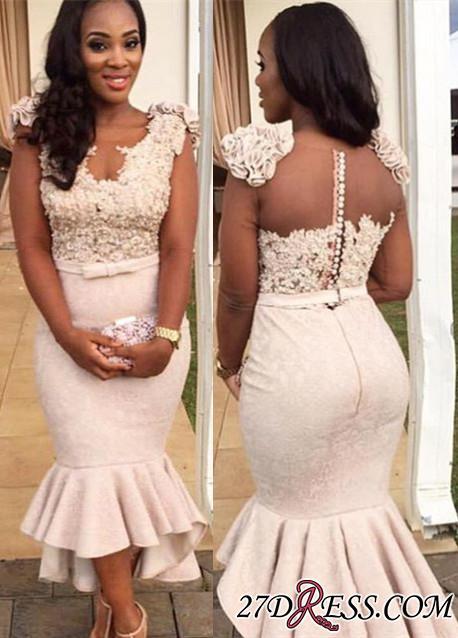 Mermaid Appliques Simple Sleevelss Buttons Hi-Lo Lace Prom Dress UK BA4670 BK0