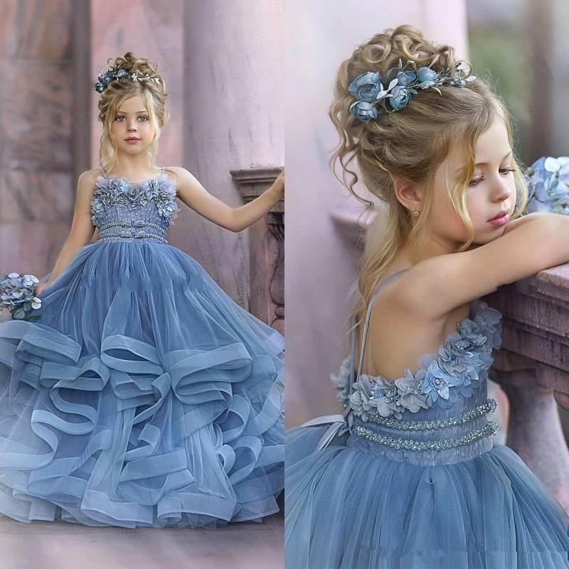 Spaghetti Straps Blue Ruffles Puffy Princess Flower Girl Dresses