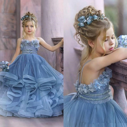 Spaghetti Straps Blue Ruffles Puffy Princess Flower Girl Dresses