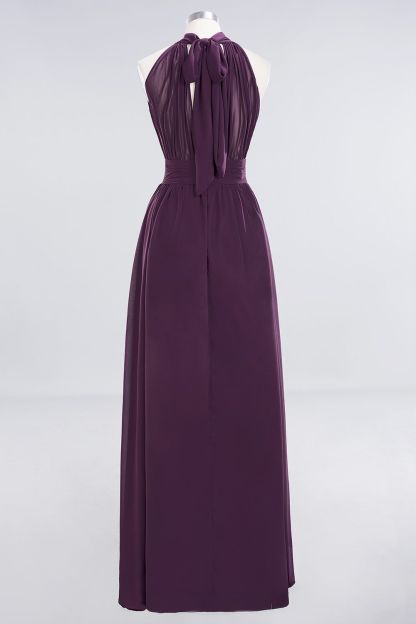 Gorgeous Grape Halter Long Bridesmaid Dress Ruffle Chiffon Wedding Guest Dress