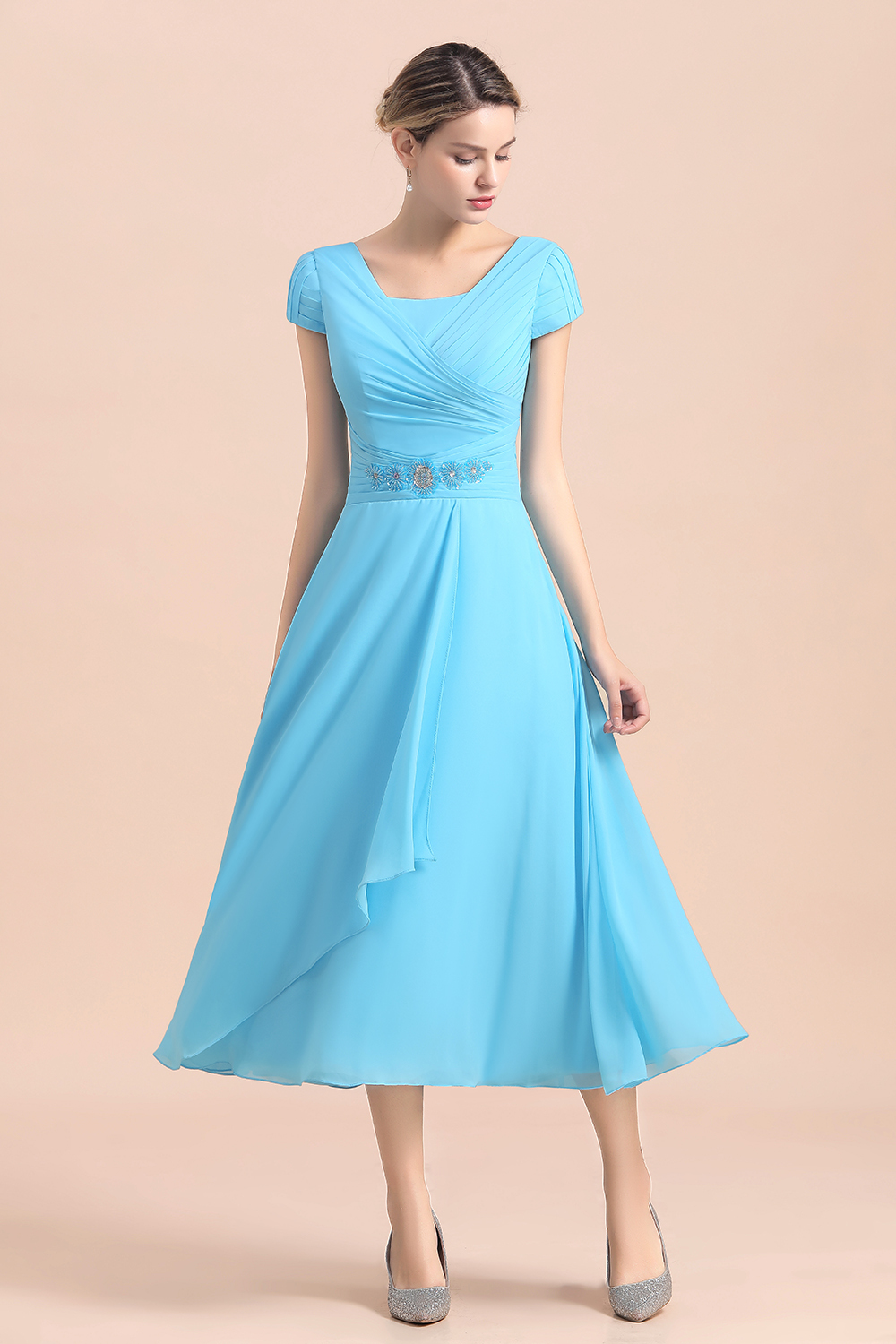 Blue Short Sleeves Chiffon Tea-Length Weddig Guest Dress
